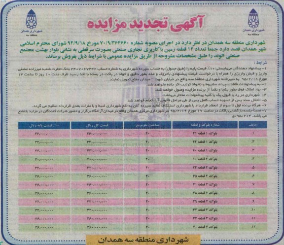 مزایده,مزایده فروش تعداد 12 قطعه زمین کاربری تجاری صنعتی به صورت سرقفلی 