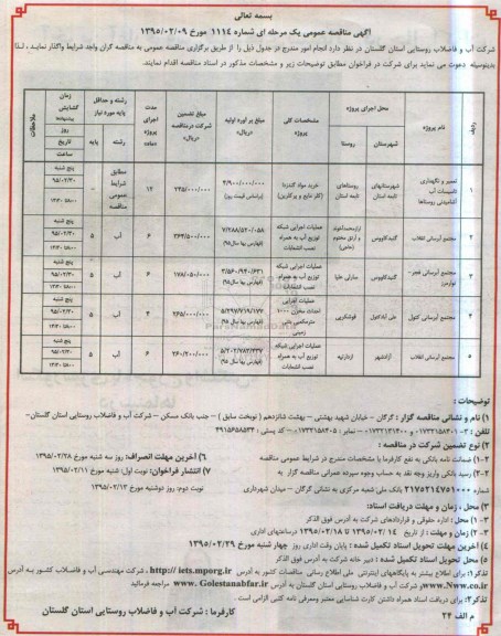 آگهی مناقصه عمومی, مناقصه تعمیر و نگهداری تاسیسات آب آشامیدنی روستاها 