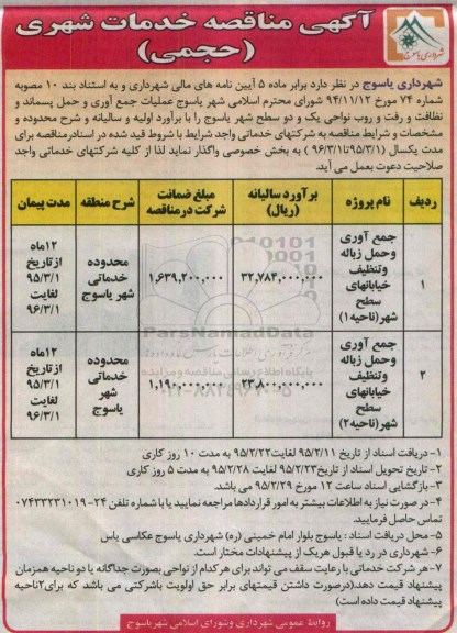 مناقصه جمع آوری و حمل زباله و تنظیف خیابانهای سطح شهر 