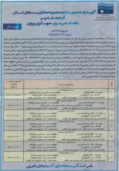 آگهی مزایده عمومی , مزایده اجاره مجموعه مخازن سدهای استان آذربایجان غربی ...