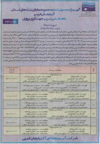 آگهی مزایده عمومی , مزایده اجاره مجموعه مخازن سدهای استان آذربایجان غربی ...- نوبت دوم 