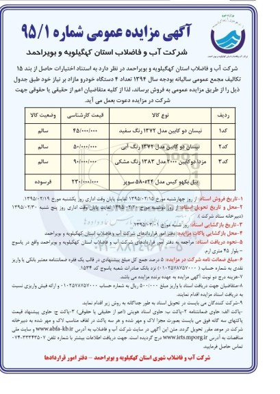 آگهی مزایده عمومی , مزایده تعداد 4 دستگاه خودرو مازاد بر نیاز