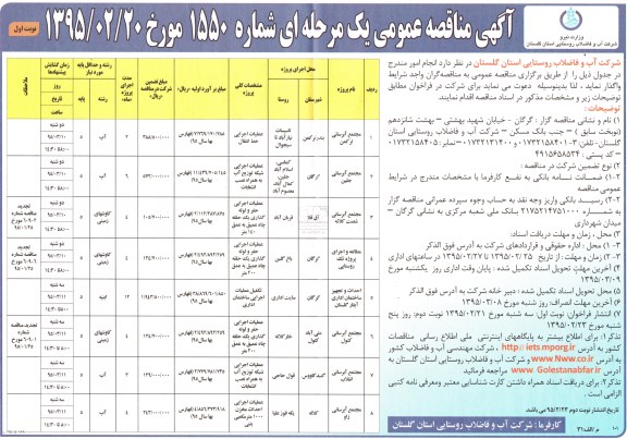 مناقصه , مناقصه مجتمع آبرسانی ترکمن نوبت اول 