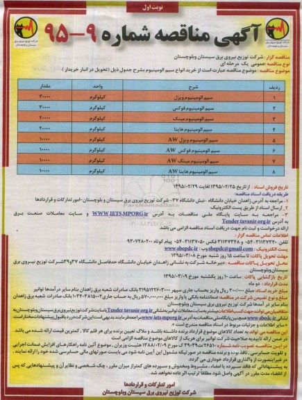 آگهی مناقصه , مناقصه خرید انواع سیم آلومینیوم