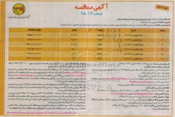 آگهی مناقصه , مناقصه خرید انواع پایه بتونی - نوبت دوم