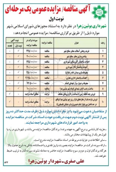 آگهی مزایده یک مرحله ای , مزایده فروش چند قطعه زمین با مساحت و کاربری های مختلف...