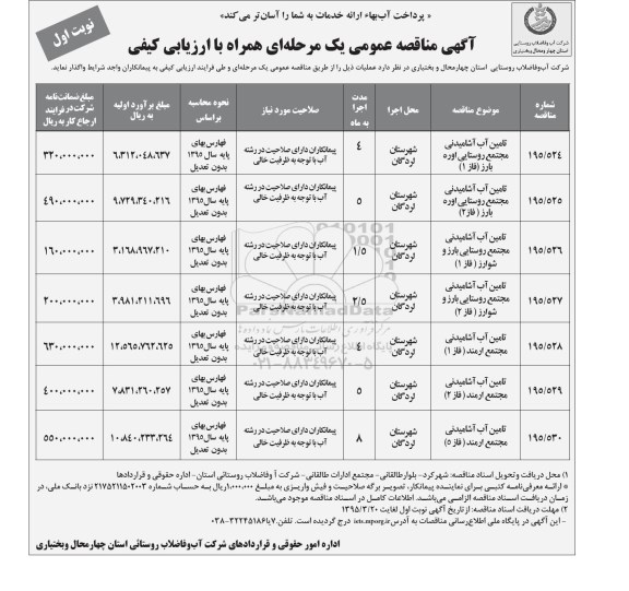 آگهی مناقصه عمومی یک مرحله ای همراه با ارزیابی کیفی , مناقصه تامین آب آشامیدنی مجتمع روستایی اوره بارز (فاز 1...