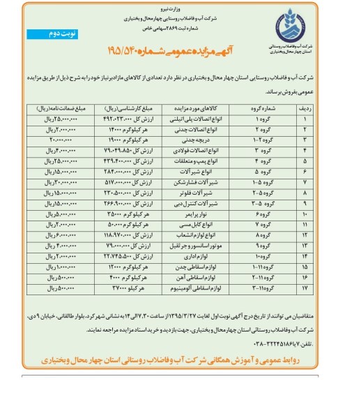 آگهی مزایده عمومی , مزایده  انواع اتصالات پلی اتیلنی نوبت دوم 