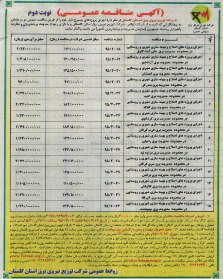 آگهی مناقصه عمومی , مناقصه اجرای پروژه های اصلاح و بهینه سازی شهری و روستایی در محدوده مدیریت برق.. نوبت دوم