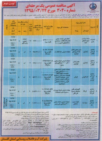 آگهی مناقصه عمومی یک مرحله ای , مناقصه مجتمع آبرسانی انقلاب... نوبت دوم