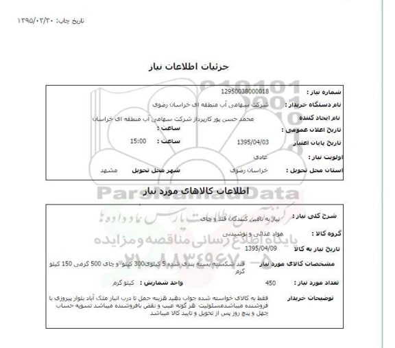 استعلام,استعلام نیاز به تامین کنندگان قند و چای