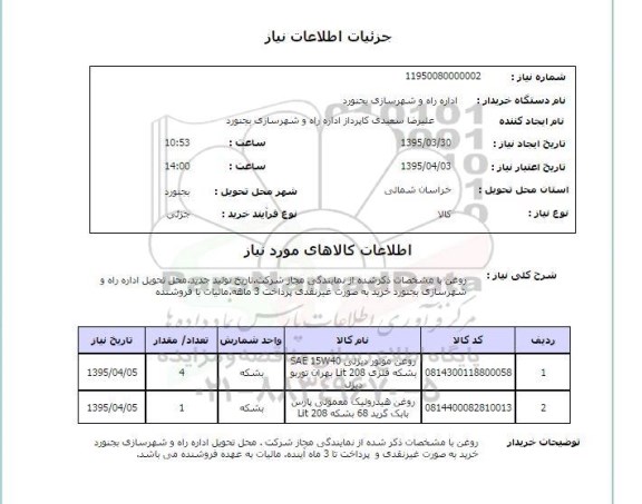 استعلام, استعلام روغن موتور دیزلی SAE 15W40