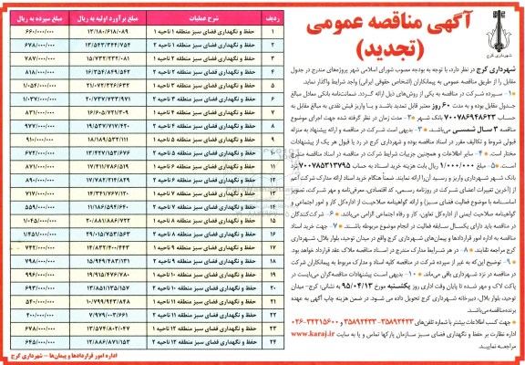 آگهی مناقصه عمومی, تجدید مناقصه حفظ و نگهداری فضای سبز منطقه ..