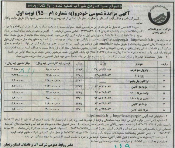 مزایده, مزایده عمومی تعدادی از خودروهای شخصی