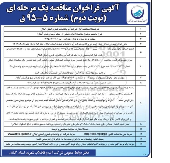 آگهی مناقصه عمومی یک مرحله ای , مناقصه جرای بخشی از رینگ آبرسانی نوبت دوم