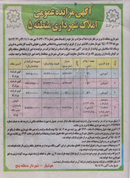 مزایده,مزایده فروش املاک مازاد بر نیاز کاربری اموزشی زیرزمین پارکینگ 