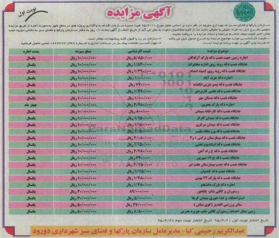 آگهی مزایده , مزایده اجاره زمین جهت نصب دکه پارک آزادگان