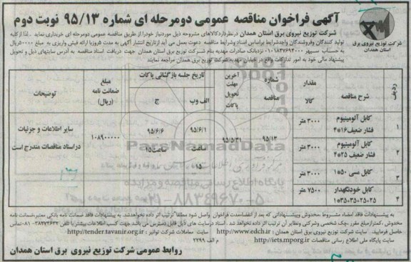 آگهی فراخوان مناقصه عمومی دو مرحله ای , فراخوان مناقصه خریداری انواع کابل آلومینیوم مسی و خودنگهدار نوبت دوم