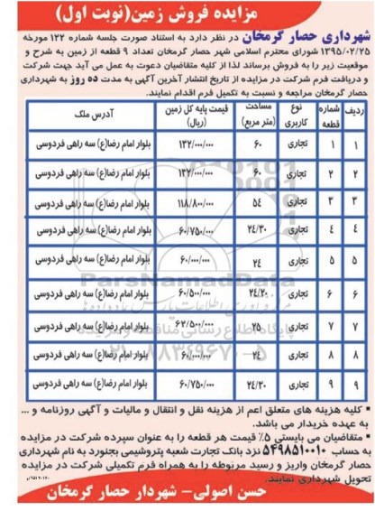 مزایده,مزایده فروش تعداد نه قطعه زمین