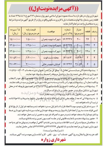 مزایده,مزایده واگذاری تعداد 5 قطعه زمین کاربری مسکونی 