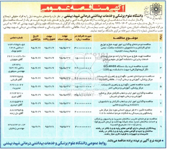 آگهی مناقصه عمومی , مناقصه واگذاری امور تهیه ؛ طبخ و توزیع غذای کارکنان و دانشجویان دانشکده سلامت ، ایمنی و محیط زیست تجدید..