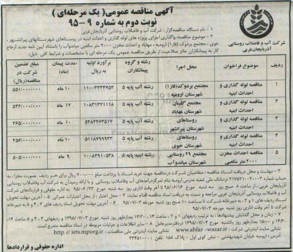 آگهی مناقصه عمومی, مناقصه واگذاری اجرای پروژه های لوله گذاری و احداث ابنیه -نوبت دوم