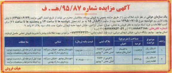 مزایده,مزایده فروش ششدانگ دو قطعه زمین بخش دو بوشهر 