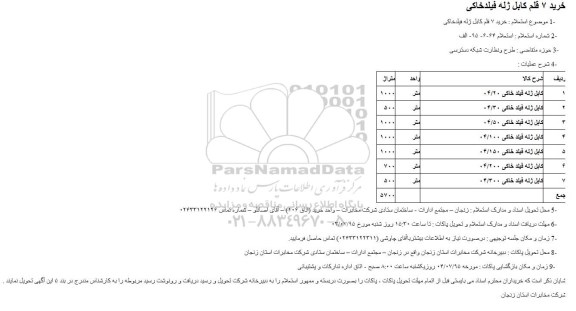 استعلام, استعلام خرید 7 قلم کابل ژله فیلدخاکی