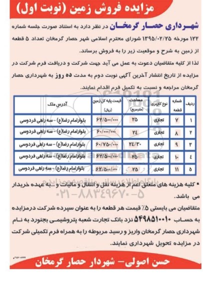 مزایده,مزایده فروش تعداد 5 قطعه از زمین کاربری تجاری 