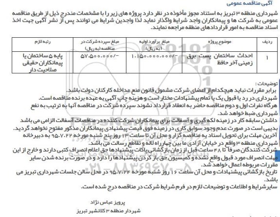 آگهی مناقصه عمومی, مناقصه احداث ساختمان پست برق زمینی