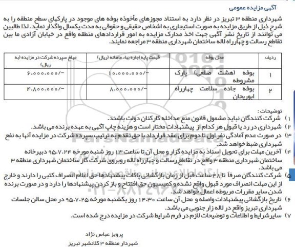 مزایده , مزایده بوفه های موجود در پارکهای سطح منطقه