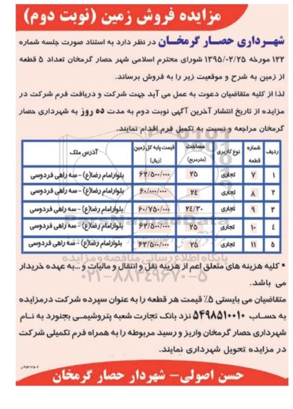 مزایده,مزایده فروش تعداد 5 قطعه از زمین کاربری تجاری نوبت دوم 