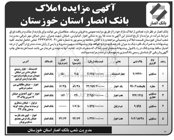 مزایده,مزایده فروش املاک بانک انصار استان خوزستان