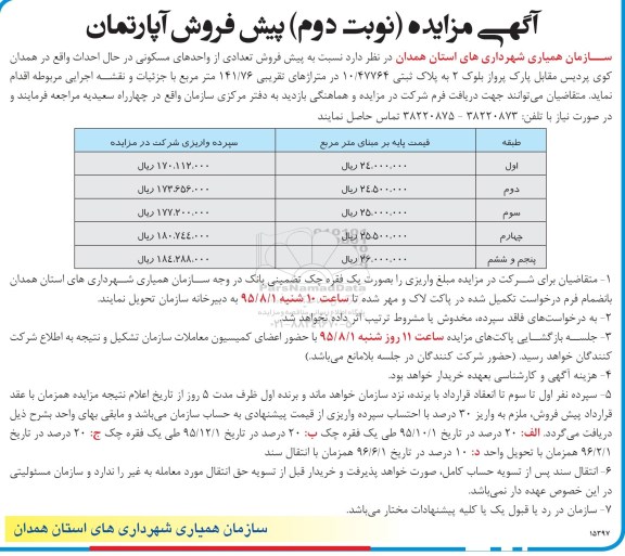 مزایده,مزایده پیش فروش تعدادی از واحدهای مسکونی در حال احداث نوبت دوم 