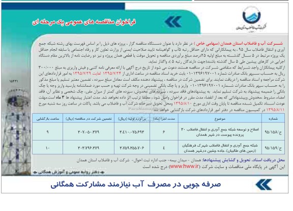 فراخوان مناقصه های عمومی یک مرحله ای , فراخوان مناقصه اصلاح و توسعه شبکه جمع آوری و انتقال فاضلاب 20 پرونده پیوست ...