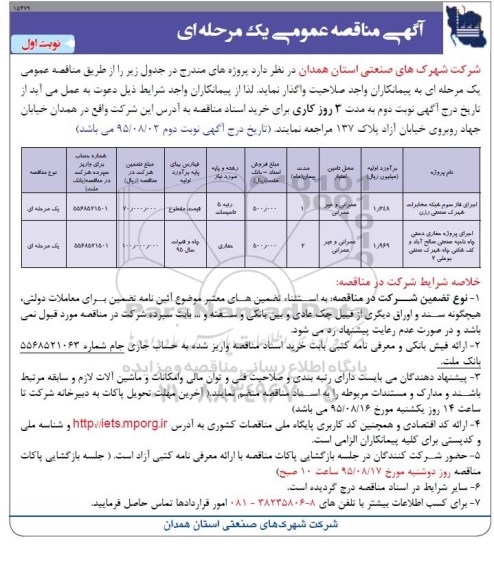 آگهی مناقصه عمومی, مناقصه اجرای فاز سوم شبکه مخابرات و ...