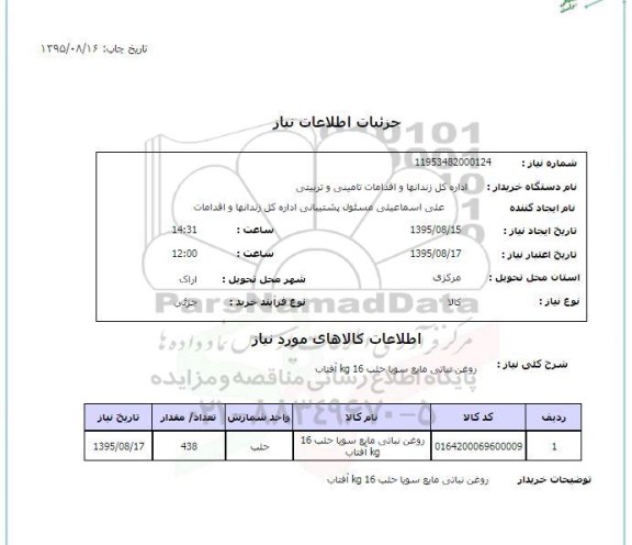 استعلام روغن نباتی مایع سویا حلب 16kg آفتاب