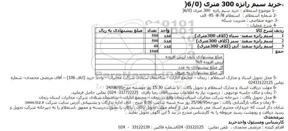 استعلام , استعلام خرید سيم رانژه 300 متری