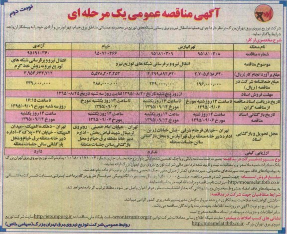 آگهی مناقصه عمومی یک مرحله ای,مناقصه انتقال نیرو و برقرسانی شبکه های توزیع نیرو