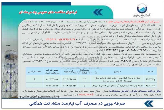 فراخوان مناقصه های عمومی یک مرحله ای , فراخوان مناقصه اصلاح و توسعه شبکه جمع آوری و انتقال فاضلاب سطح شهر