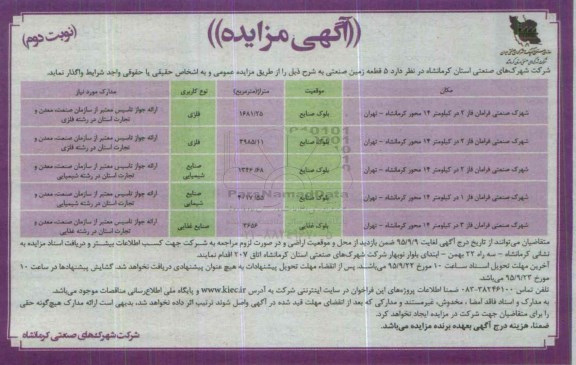 آگهی مزایده , مزایده  5 قطعه زمین صنعتی - نوبت دوم 