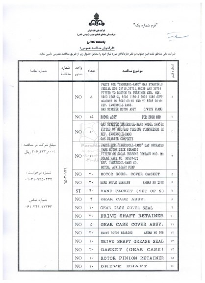 فراخوان مناقصه PARTS FOR INGERSOL - RAND GAS STARTER .... 