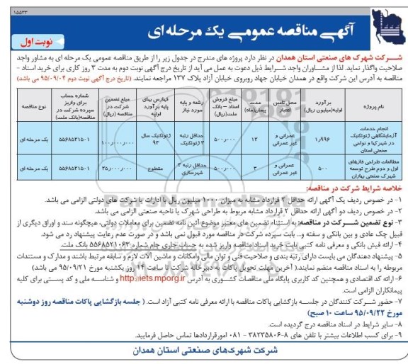 آگهی مناقصه عمومی, مناقصه انجام خدمات آزمایشگاهی ژئوتکنیک در شهرکها و ..... 