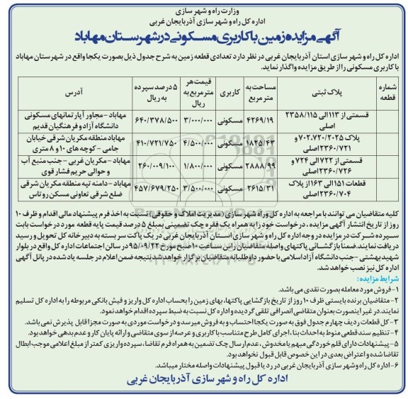 مزایده,مزایده تعدادی قطعه زمین در شهرستان مهاباد کاربری مسکونی 