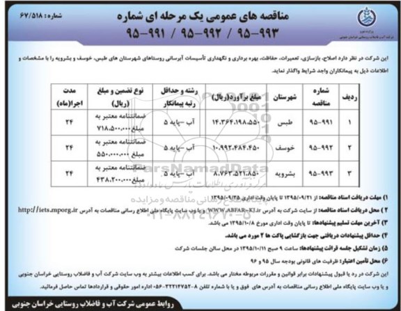 مناقصه های عمومی یک مرحله ای,مناقصه اصلاح، بازسازی، تعمیرات، حفاظت، بهره برداری و نگهداری تاسیسات آبرسانی 