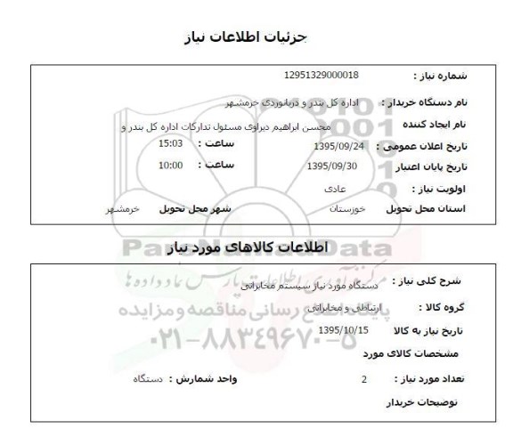 استعلام , استعلام دستگاه مورد نیاز سیستم مخابراتی