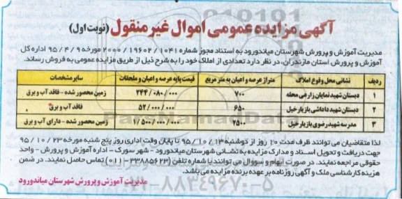 مزایده,مزایده فروش تعدادی از املاک شامل مدرسه و دبستان 