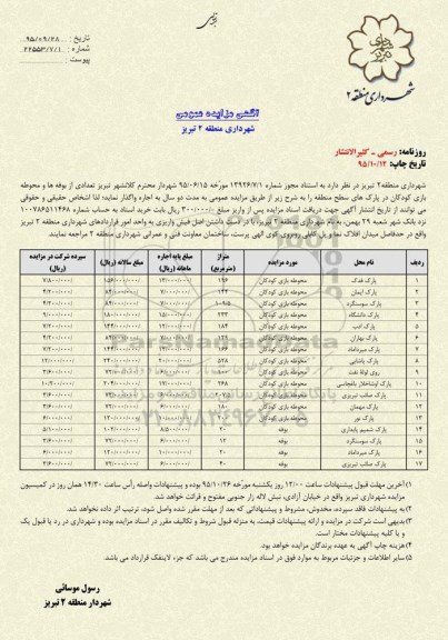 آگهی مزایده عمومی , مزایده تعدادی از بوفه ها و محوطه بازی کودکان در پارکهای سطح منطقه