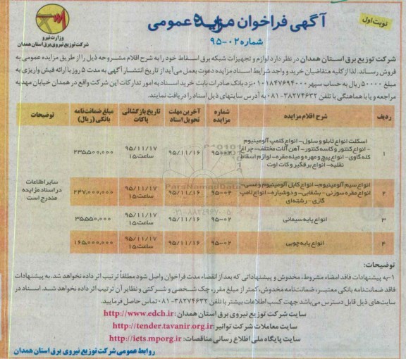 آگهی فراخوان مزایده عمومی , فراخوان مزایده اسکلت انواع تابلو و سلول .... 