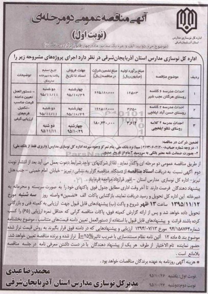 آگهی مناقصه عمومی دو مرحله ای , مناقصه احداث مدرسه 6 کلاسه روستای .... نوبت اول